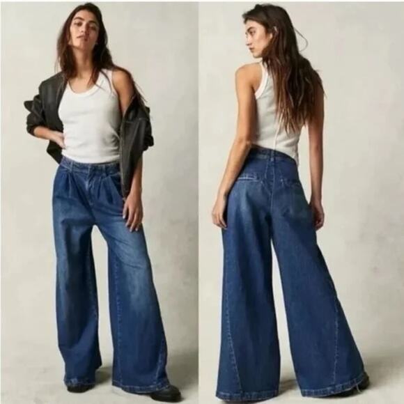 Free People Denim - Free People Equinox Blue Denim Wide Leg Jeans Women's Size 26 NWT